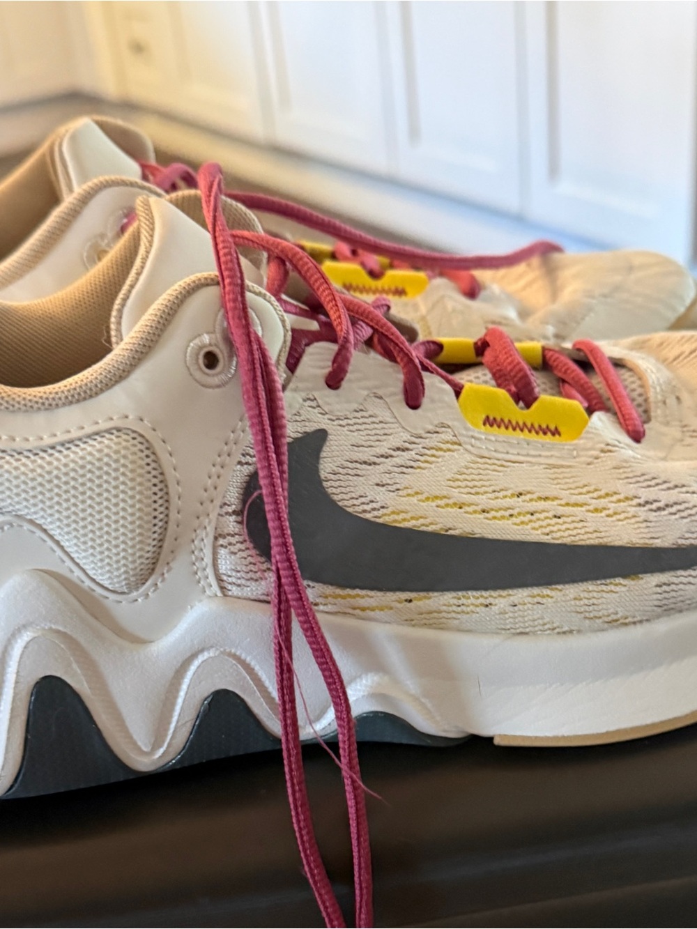 Nike Cream and Pink Mesh Running Sneakers with Gray Swoosh